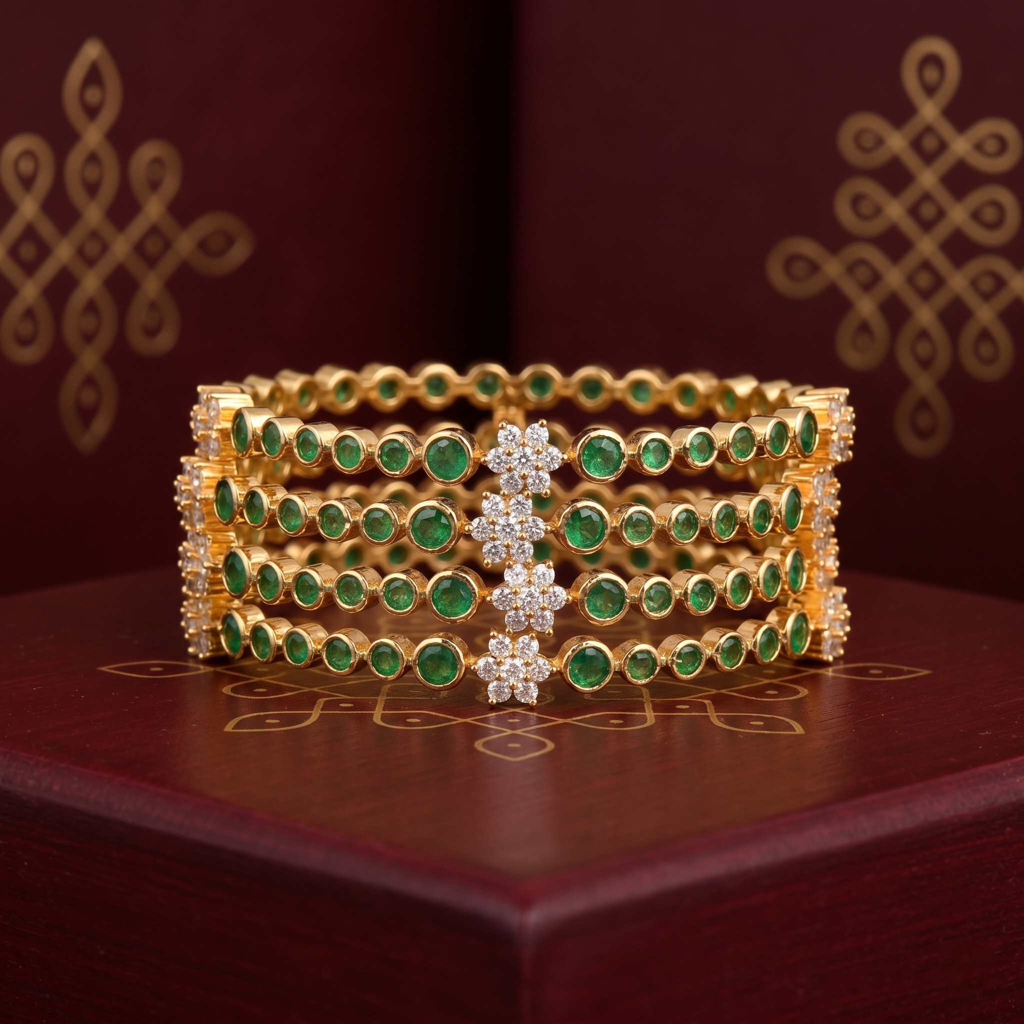Traditional Ruby & Emerald AD Stone Floral Bangle (Set of 4) close-up view - Avalna